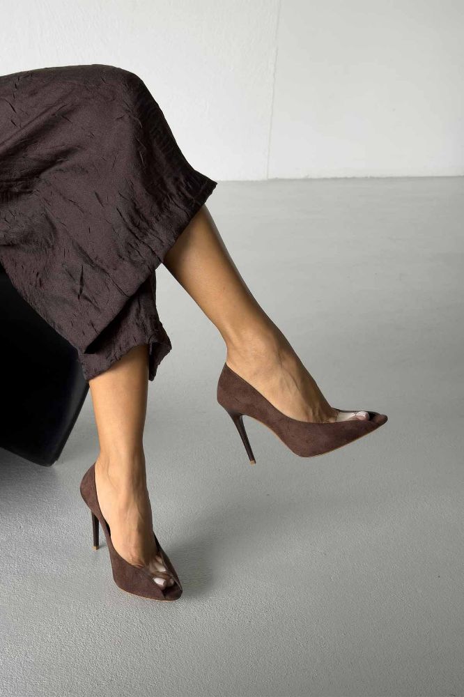Loan Şeffaf Detaylı İnce Topuk 10 Cm Acı Kahve Süet Stiletto resmi