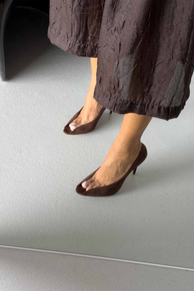 Loan Şeffaf Detaylı İnce Topuk 10 Cm Acı Kahve Süet Stiletto resmi