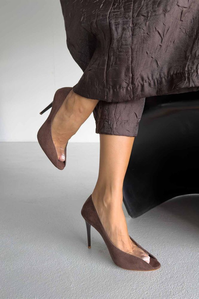 Loan Şeffaf Detaylı İnce Topuk 10 Cm Acı Kahve Süet Stiletto resmi