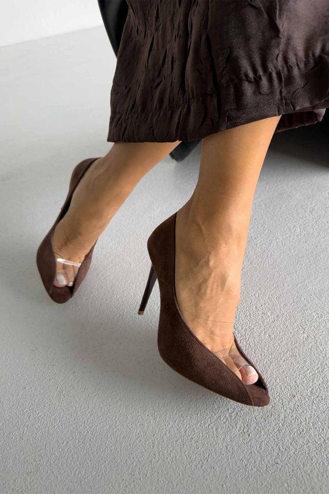 Loan Şeffaf Detaylı İnce Topuk 10 Cm Acı Kahve Süet Stiletto resmi