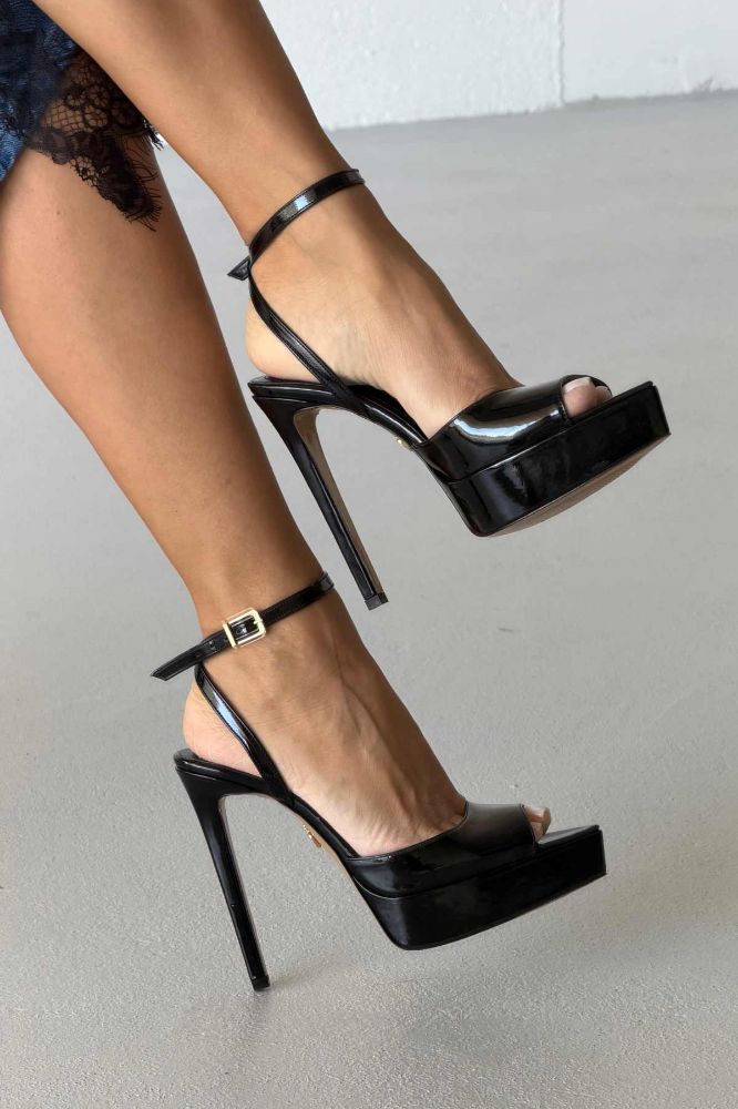 Linus Bilekten Bantlı İnce Topuk 13 Cm Siyah Rugan Platform resmi