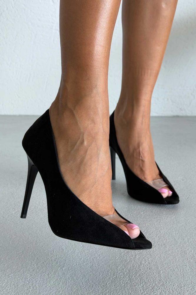 Loan Şeffaf Detaylı İnce Topuk 10 Cm Siyah Süet Stiletto resmi