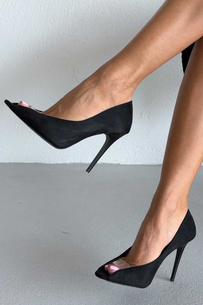 Loan Şeffaf Detaylı İnce Topuk 10 Cm Siyah Süet Stiletto resmi
