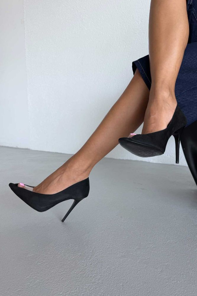 Loan Şeffaf Detaylı İnce Topuk 10 Cm Siyah Süet Stiletto resmi